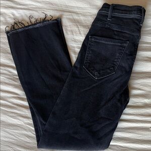 MOTHER Black Coated Logo Waistband Detail. Hustler ankle fray.